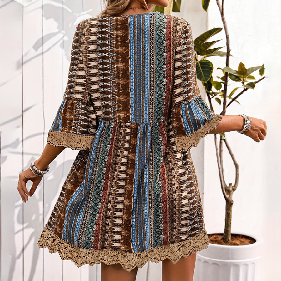 Olivenorma Ethnic-Inspired Striped Print Lace Hem Flared Sleeve Loose A-Line Women's Dress - image 11