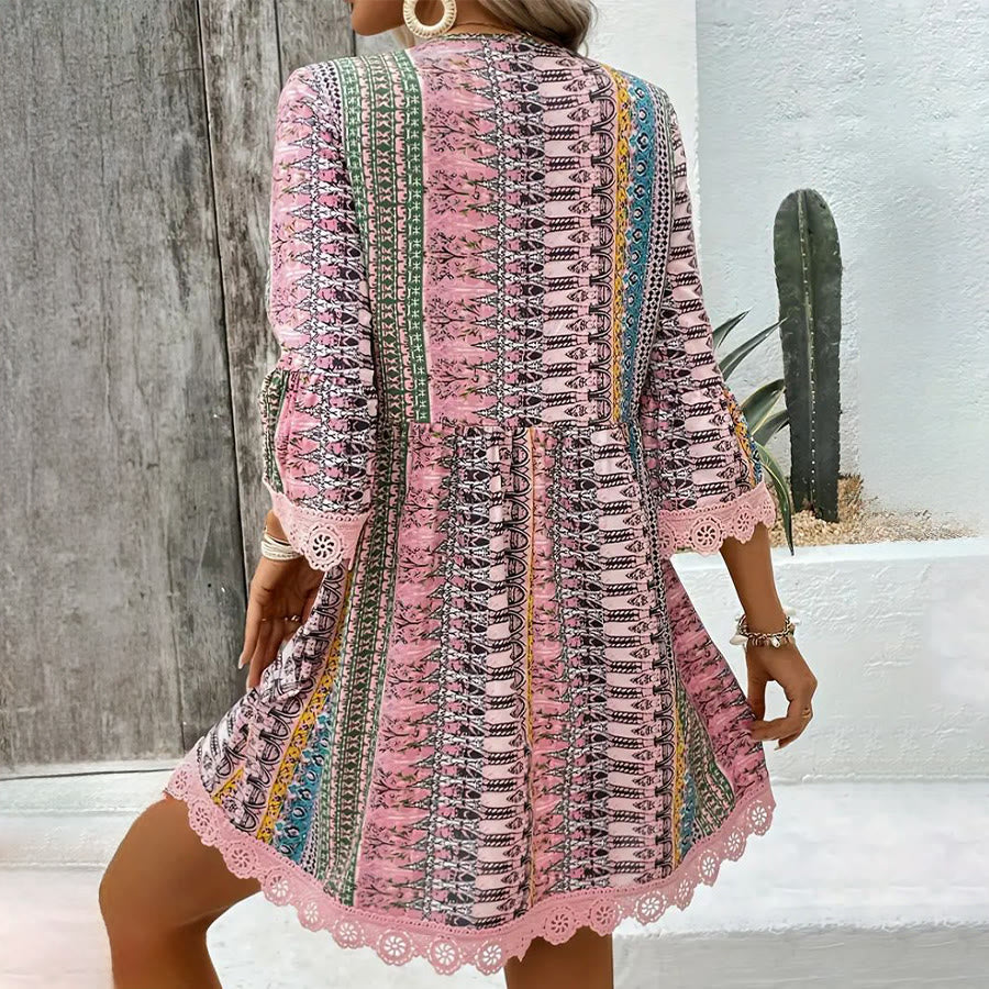 Olivenorma Ethnic-Inspired Striped Print Lace Hem Flared Sleeve Loose A-Line Women's Dress - image 8