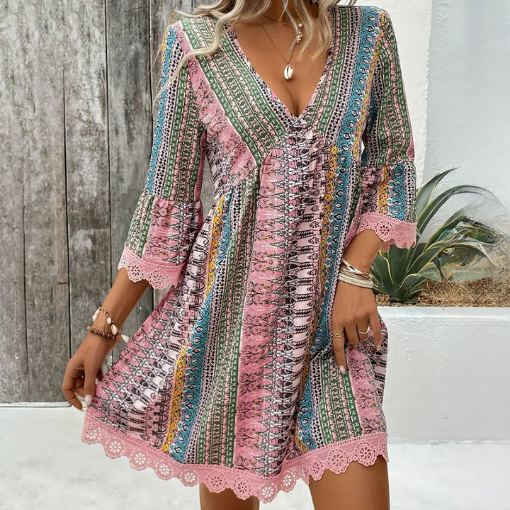 Olivenorma Ethnic-Inspired Striped Print Lace Hem Flared Sleeve Loose A-Line Women's Dress - image 7