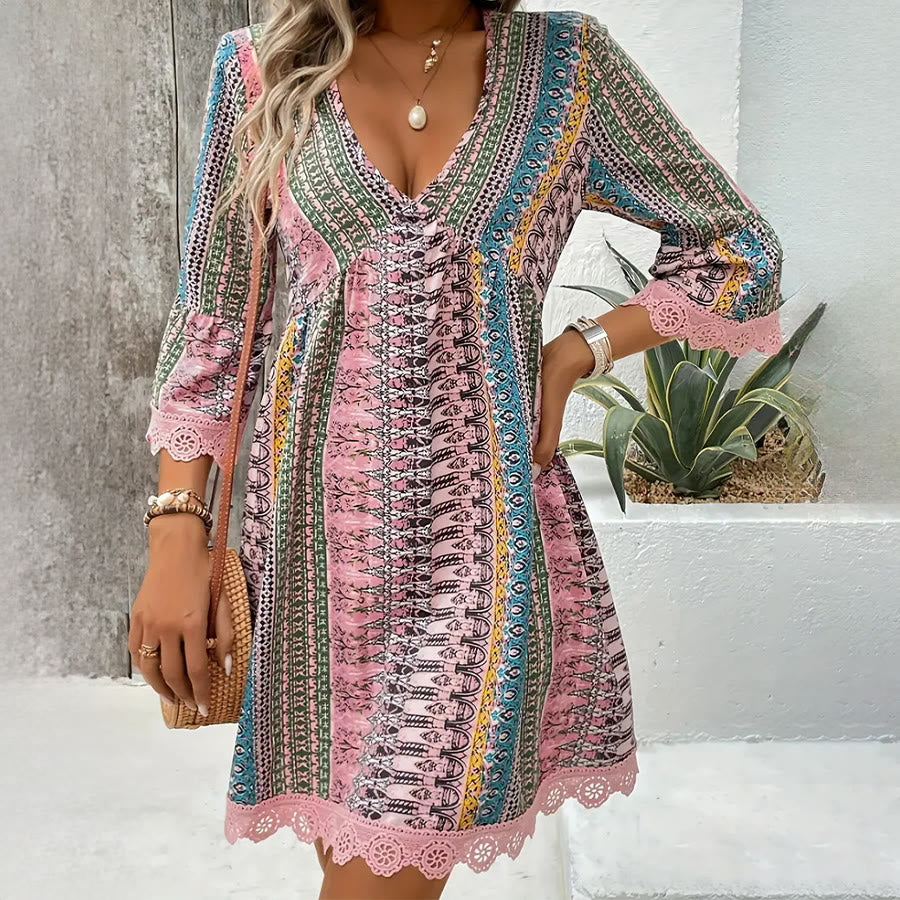 Olivenorma Ethnic-Inspired Striped Print Lace Hem Flared Sleeve Loose A-Line Women's Dress - image 6