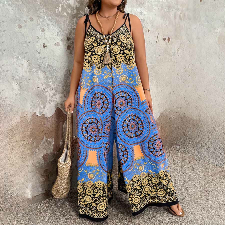 Olivenorma Vintage Floral Medallion Print Spaghetti Strap Flowy Wide Leg Women's Set - Blue - 5XL - image 0