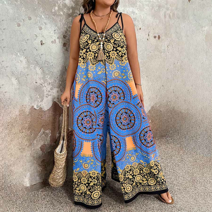 Olivenorma Vintage Floral Medallion Print Spaghetti Strap Flowy Wide Leg Women's Set - Blue - 5XL - image 0