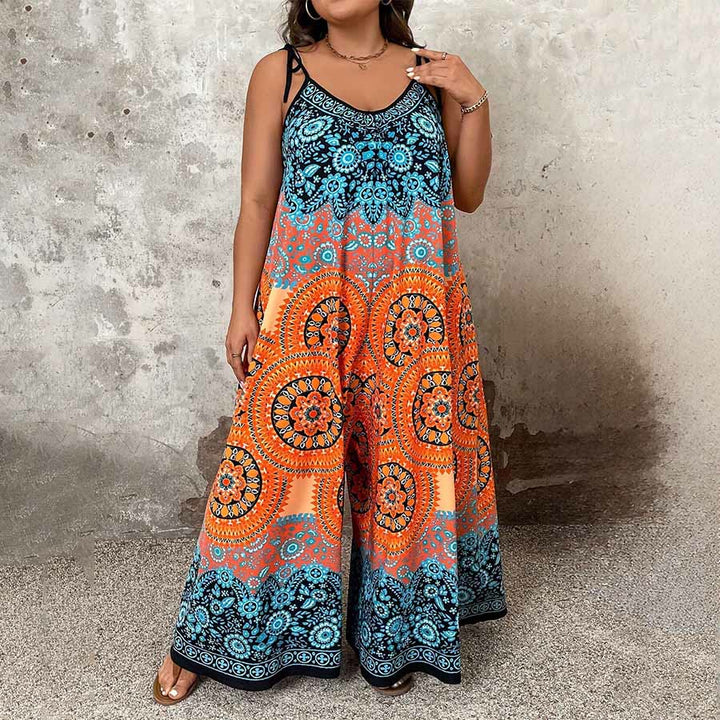 Olivenorma Vintage Floral Medallion Print Spaghetti Strap Flowy Wide Leg Women's Set - Orange - 5XL - image 5
