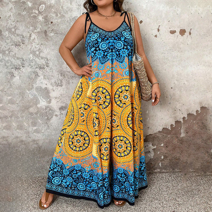 Olivenorma Vintage Floral Medallion Print Spaghetti Strap Flowy Wide Leg Women's Set - Yellow - 5XL - image 10