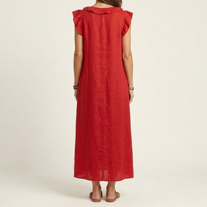 Olivenorma V-Neck Ruffle Trim Cap Sleeve Gathered Waist Maxi Women's Dress - image 5