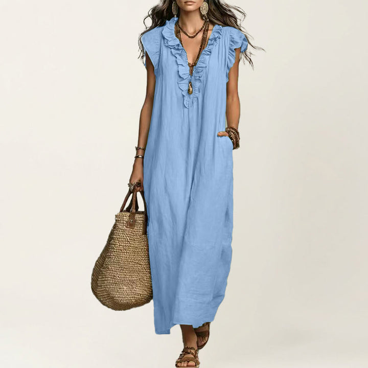 Olivenorma V-Neck Ruffle Trim Cap Sleeve Gathered Waist Maxi Women's Dress - Light Blue - XXL - image 18