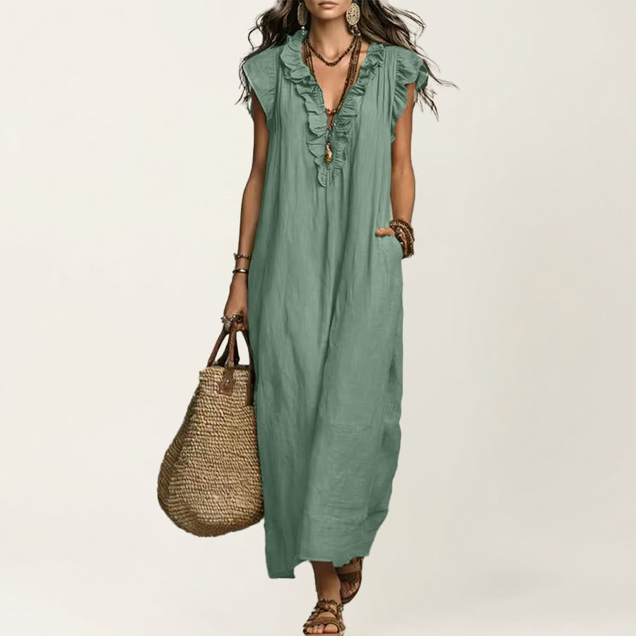 Olivenorma V-Neck Ruffle Trim Cap Sleeve Gathered Waist Maxi Women's Dress - Light Green - XXL - image 20