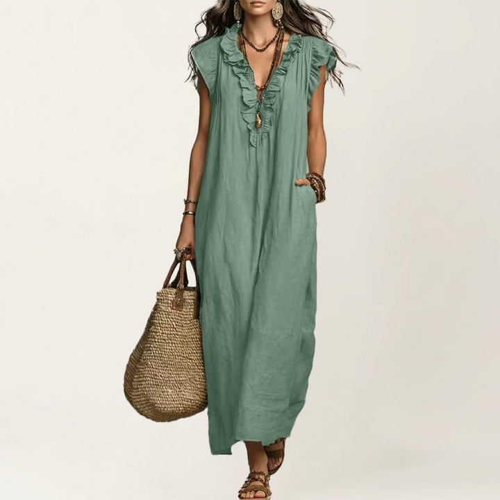 Olivenorma V-Neck Ruffle Trim Cap Sleeve Gathered Waist Maxi Women's Dress - Light Green - XXL - image 20