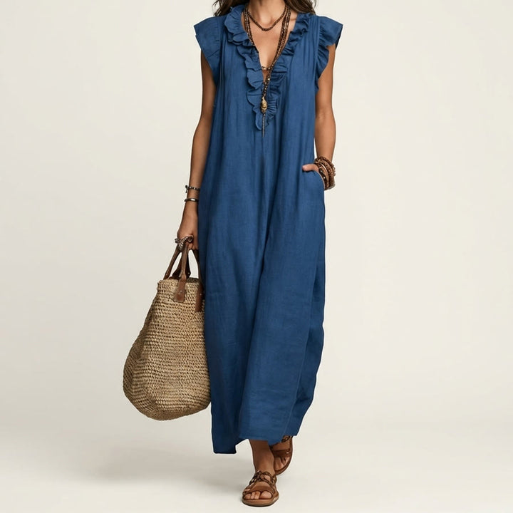Olivenorma V-Neck Ruffle Trim Cap Sleeve Gathered Waist Maxi Women's Dress - Navy Blue - XXL - image 8