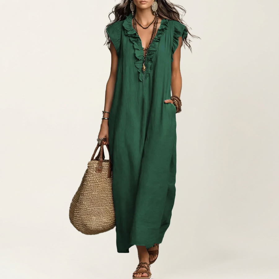 Olivenorma V-Neck Ruffle Trim Cap Sleeve Gathered Waist Maxi Women's Dress - Dark Green - XXL - image 11