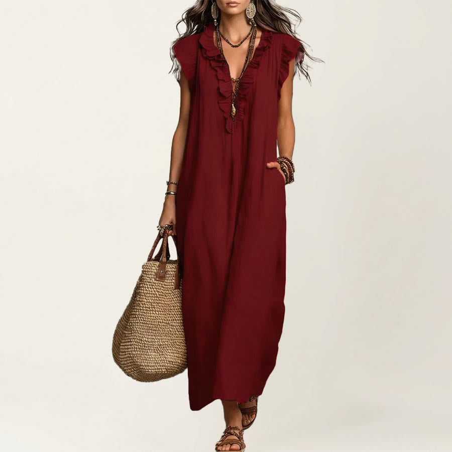 Olivenorma V-Neck Ruffle Trim Cap Sleeve Gathered Waist Maxi Women's Dress - Burgundy - XXL - image 15