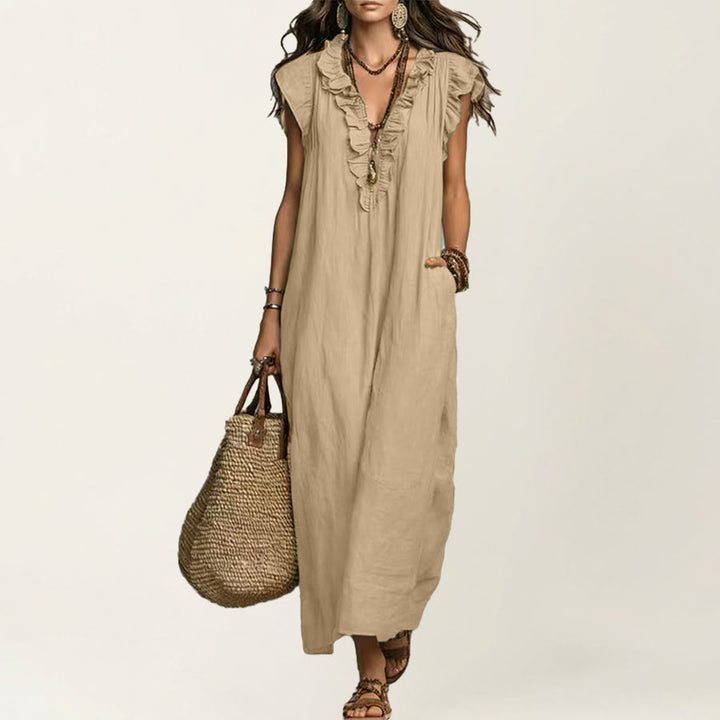 Olivenorma V-Neck Ruffle Trim Cap Sleeve Gathered Waist Maxi Women's Dress - Khaki - XXL - image 17