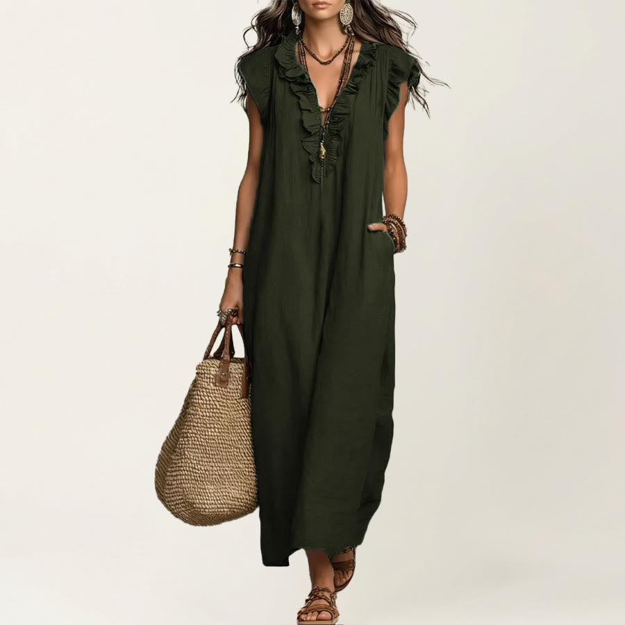 Olivenorma V-Neck Ruffle Trim Cap Sleeve Gathered Waist Maxi Women's Dress - Dark Gray - XXL - image 16