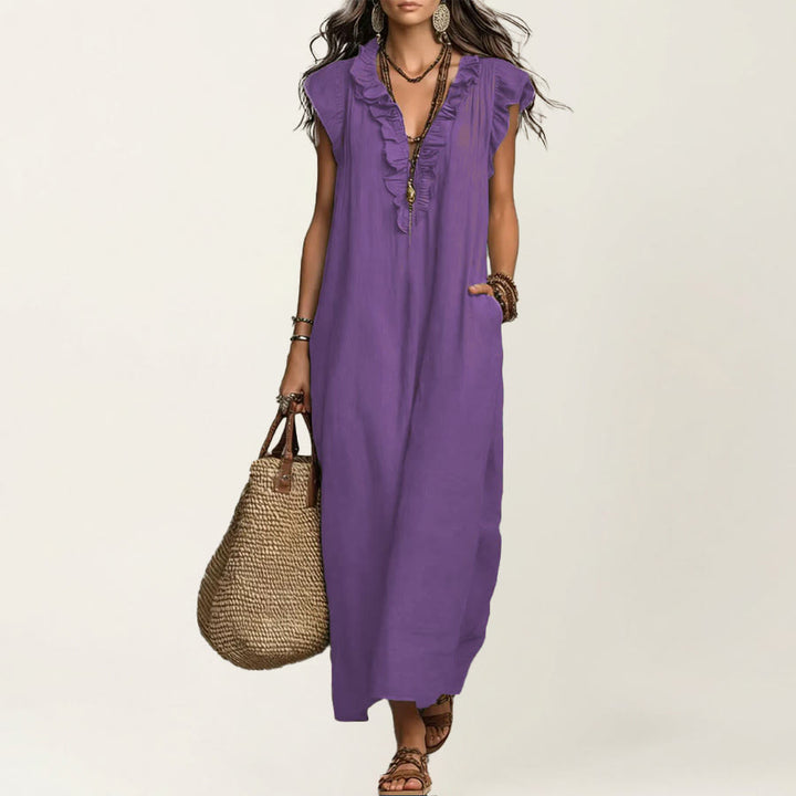 Olivenorma V-Neck Ruffle Trim Cap Sleeve Gathered Waist Maxi Women's Dress - Purple - XXL - image 10