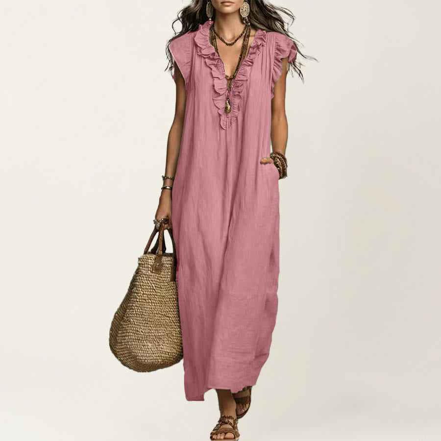 Olivenorma V-Neck Ruffle Trim Cap Sleeve Gathered Waist Maxi Women's Dress - Pink - XXL - image 19
