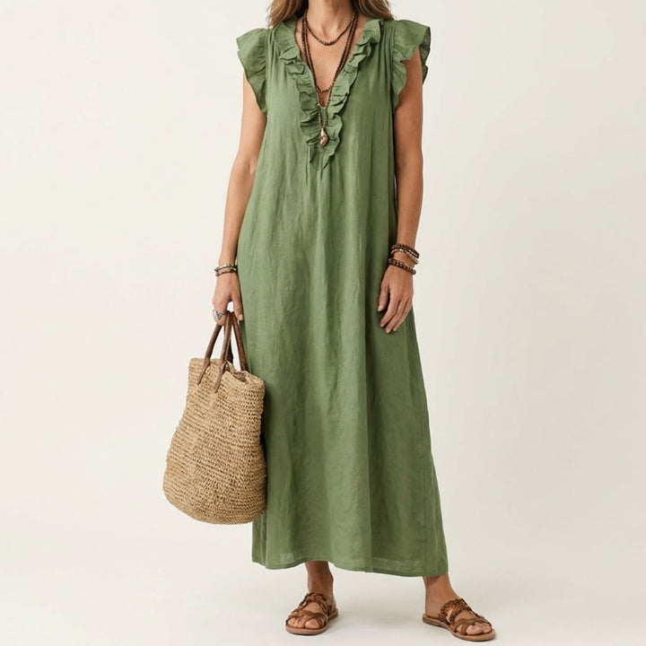 Olivenorma V-Neck Ruffle Trim Cap Sleeve Gathered Waist Maxi Women's Dress - Army Green - XXL - image 6