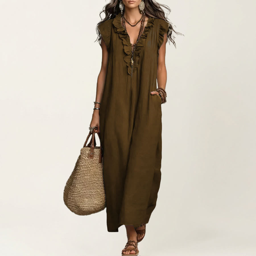 Olivenorma V-Neck Ruffle Trim Cap Sleeve Gathered Waist Maxi Women's Dress - Dark Brown - XXL - image 14