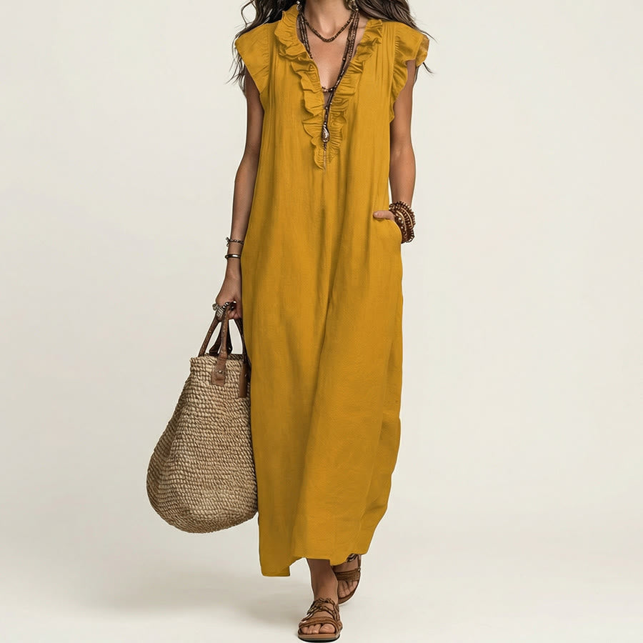 Olivenorma V-Neck Ruffle Trim Cap Sleeve Gathered Waist Maxi Women's Dress - Yellow - XXL - image 13