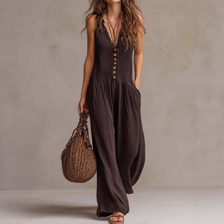 Olivenorma Sleeveless Ruffle Trim V-Neck Buttoned Front Relaxed Wide Leg Women's Set - Reddish-brown - XXXL - image 2