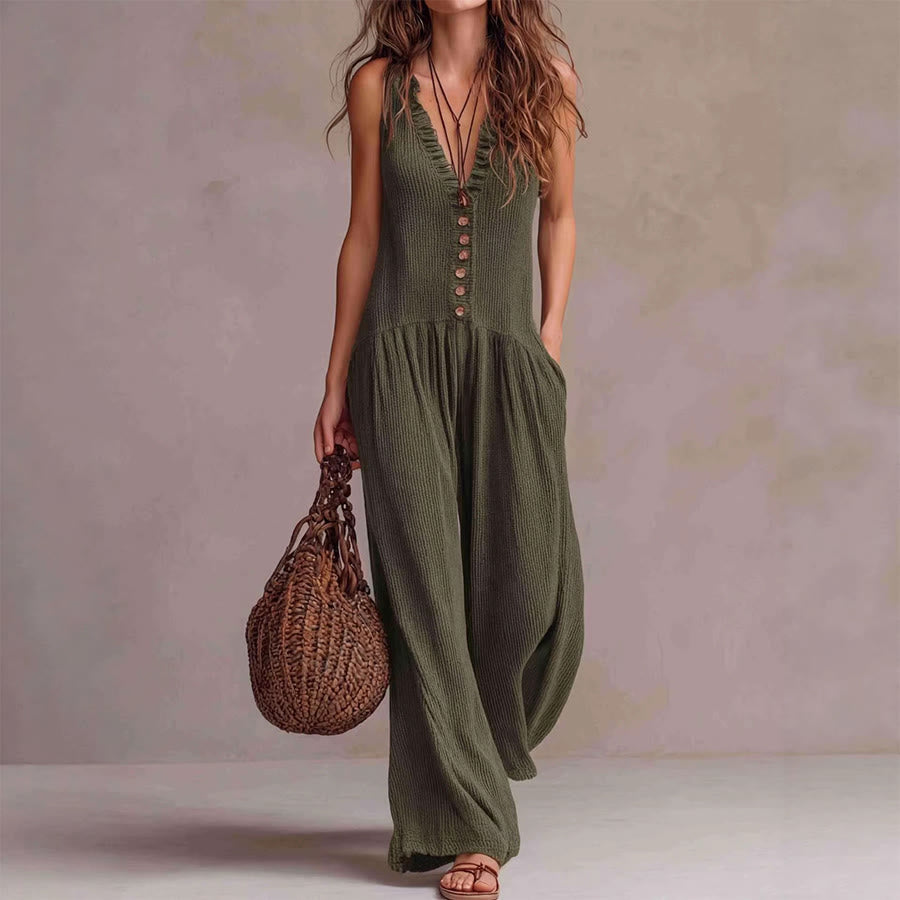 Olivenorma Sleeveless Ruffle Trim V-Neck Buttoned Front Relaxed Wide Leg Women's Set - Army Green - XXXL - image 0