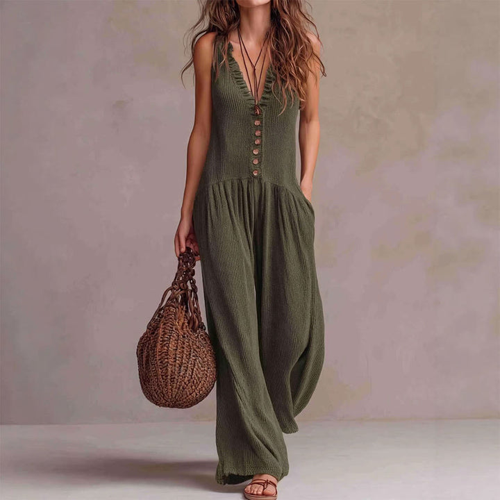 Olivenorma Sleeveless Ruffle Trim V-Neck Buttoned Front Relaxed Wide Leg Women's Set - Army Green - XXXL - image 0