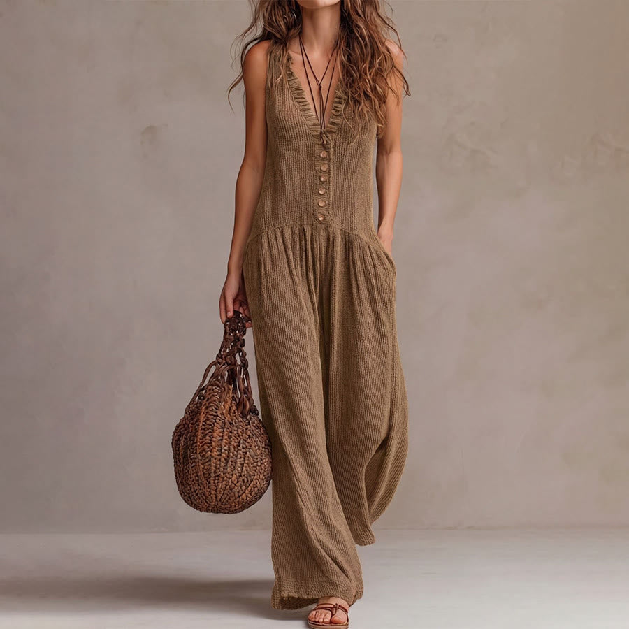 Olivenorma Sleeveless Ruffle Trim V-Neck Buttoned Front Relaxed Wide Leg Women's Set - Khaki - XXXL - image 1