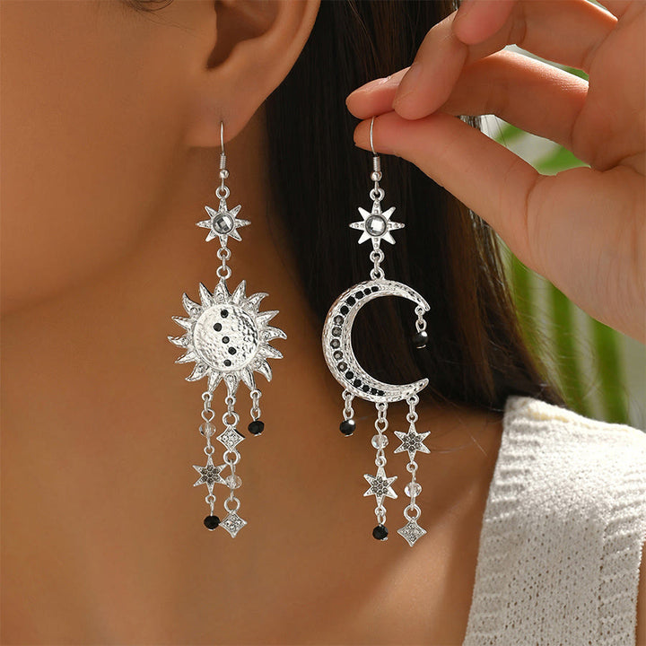 Olivenorma Bohemian Vintage Celestial Sun Moon Star Statement Dangle Earrings - Silver - image 7