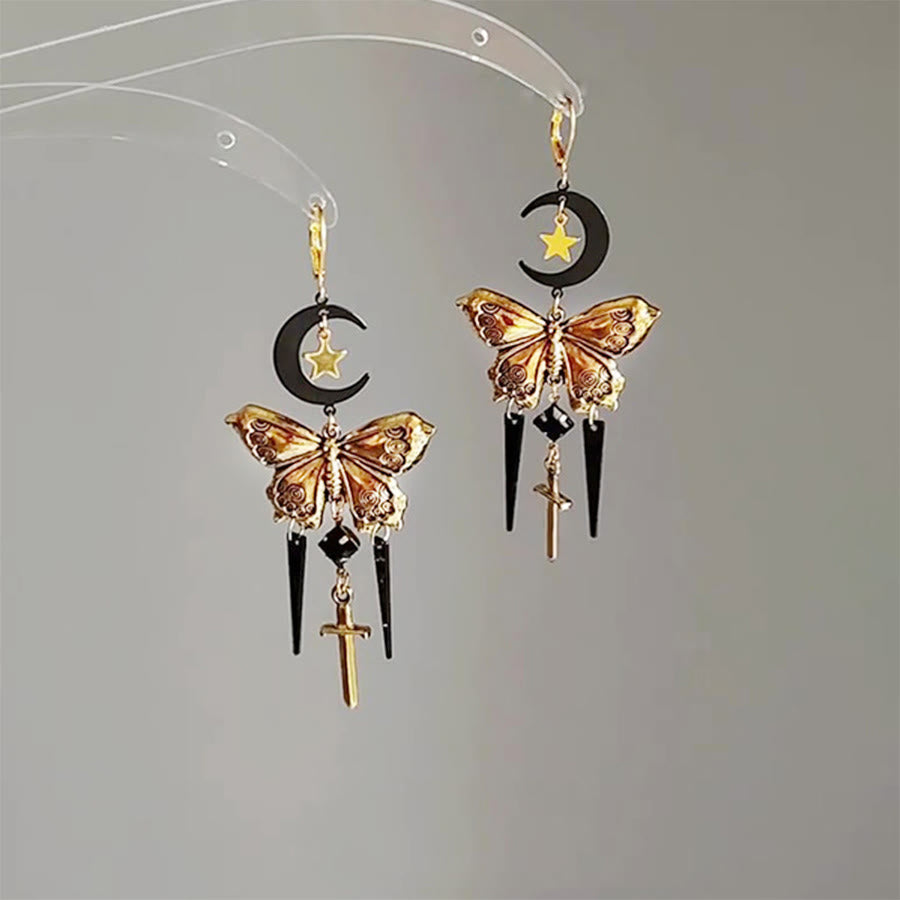 Olivenorma Gothic Mystical Butterfly Moon Sword Layered Tassel Earrings - image 1