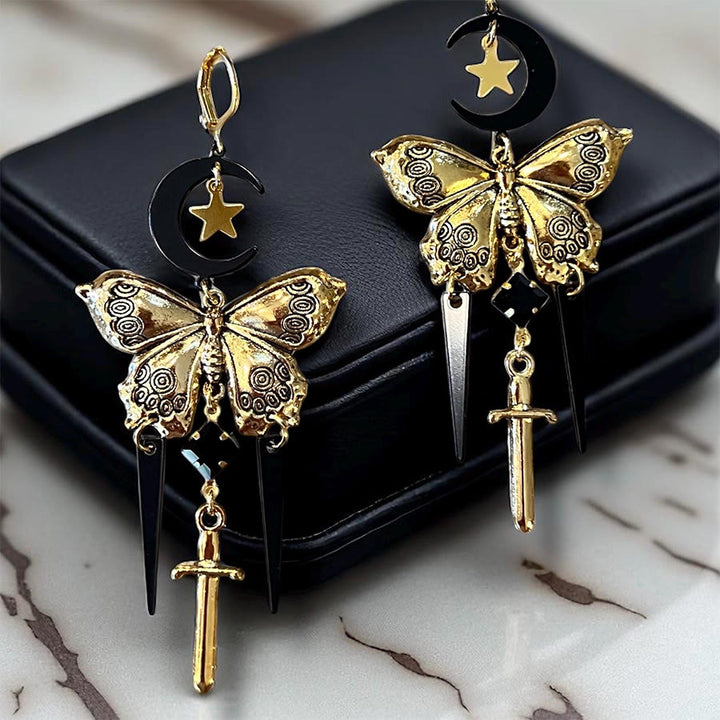 Olivenorma Gothic Mystical Butterfly Moon Sword Layered Tassel Earrings - image 2