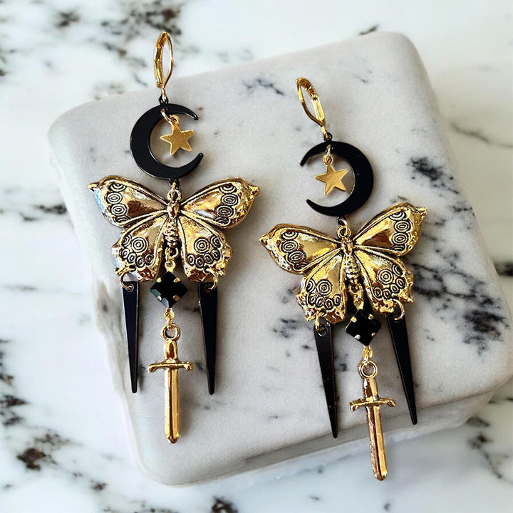 Olivenorma Gothic Mystical Butterfly Moon Sword Layered Tassel Earrings - image 4