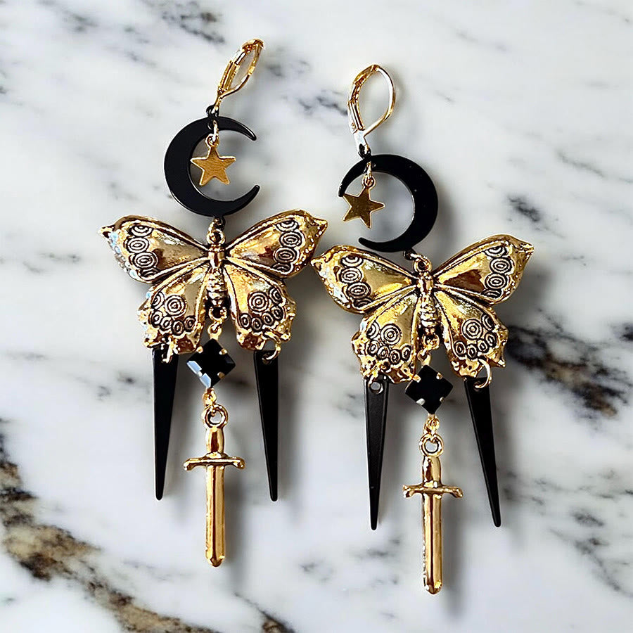Olivenorma Gothic Mystical Butterfly Moon Sword Layered Tassel Earrings - image 9