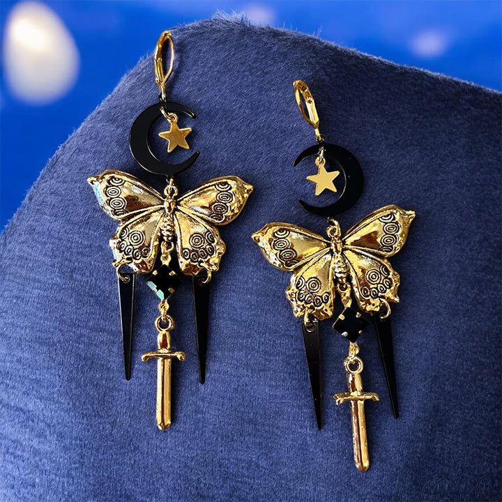 Olivenorma Gothic Mystical Butterfly Moon Sword Layered Tassel Earrings - image 8