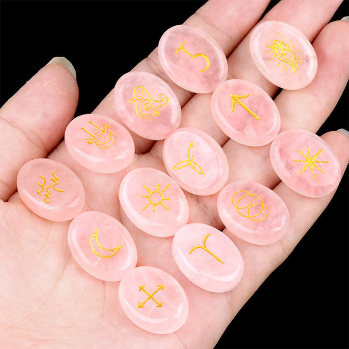 Olivenorma 13-Piece Natural Gemstone Witch Runes Engraved Worry Stone - Rose Quartz - image 17