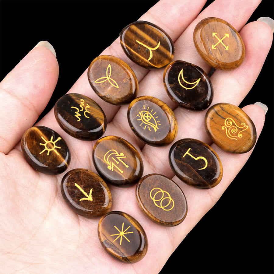 Olivenorma 13-Piece Natural Gemstone Witch Runes Engraved Worry Stone - Tiger Eye - image 1