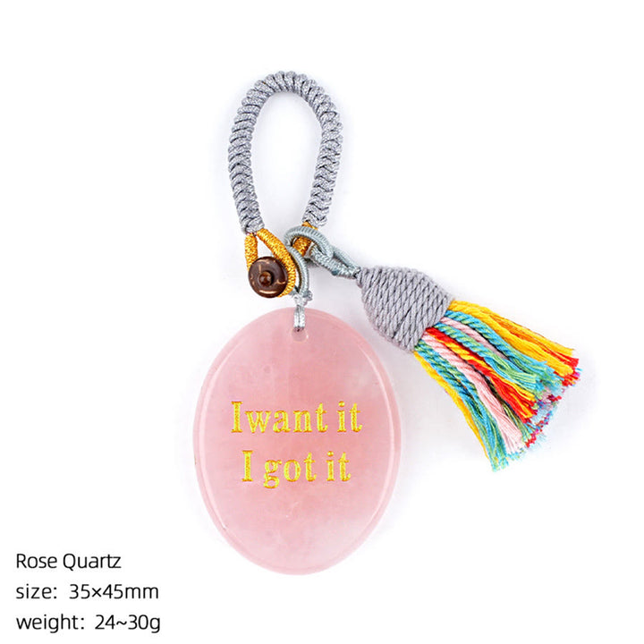 Olivenorma "I want it I got it" Engraved Natural Stone Tassel Worry Stone - Rose Quartz - image 6