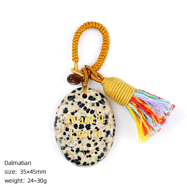 Olivenorma "I want it I got it" Engraved Natural Stone Tassel Worry Stone - Dalmatian Jasper - image 25