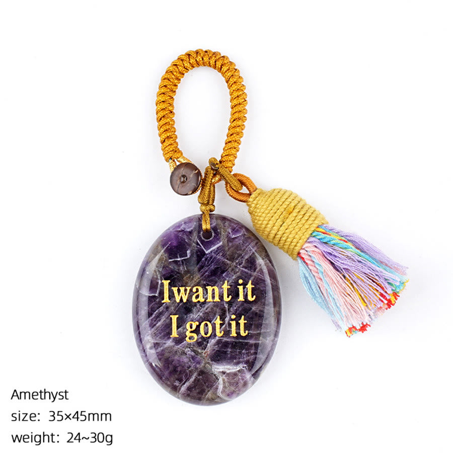 Olivenorma "I want it I got it" Engraved Natural Stone Tassel Worry Stone - Amethyst - image 10