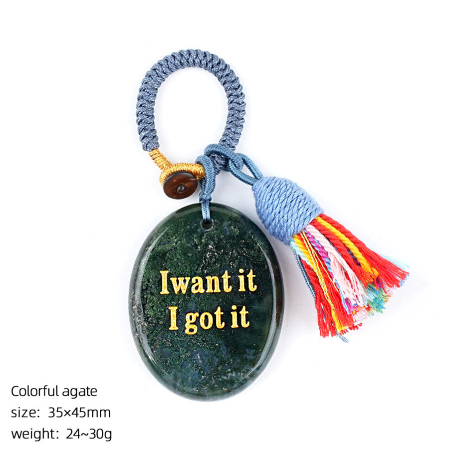 Olivenorma "I want it I got it" Engraved Natural Stone Tassel Worry Stone - Colorful Agate - image 12