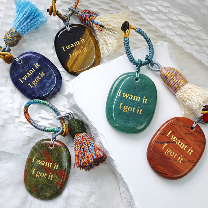 Olivenorma "I want it I got it" Engraved Natural Stone Tassel Worry Stone - image 1