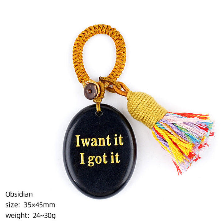 Olivenorma "I want it I got it" Engraved Natural Stone Tassel Worry Stone - Obsidian - image 4