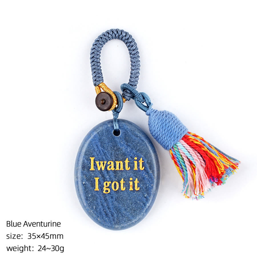Olivenorma "I want it I got it" Engraved Natural Stone Tassel Worry Stone - Blue Aventurine - image 18