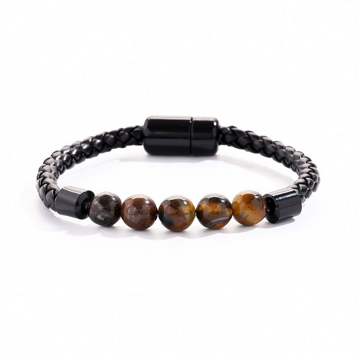 Olivenorma Natural Stone Bead Braided Leather Magnetic Closure Bracelet - Yellow Tiger Eye - image 8