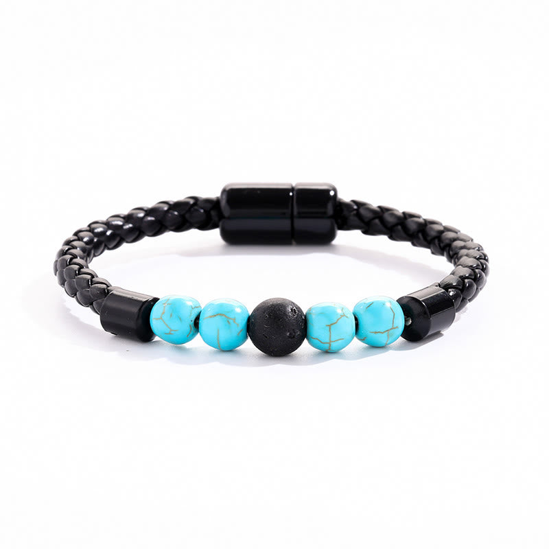 Olivenorma Natural Stone Bead Braided Leather Magnetic Closure Bracelet - Turquoise & Lava Stone - image 3