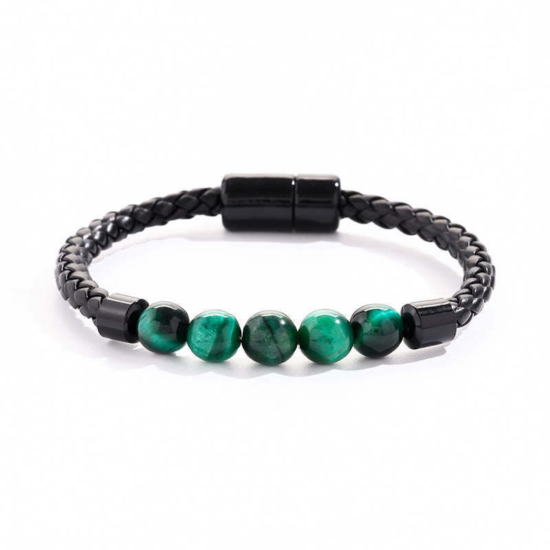 Olivenorma Natural Stone Bead Braided Leather Magnetic Closure Bracelet - Malachite - image 13