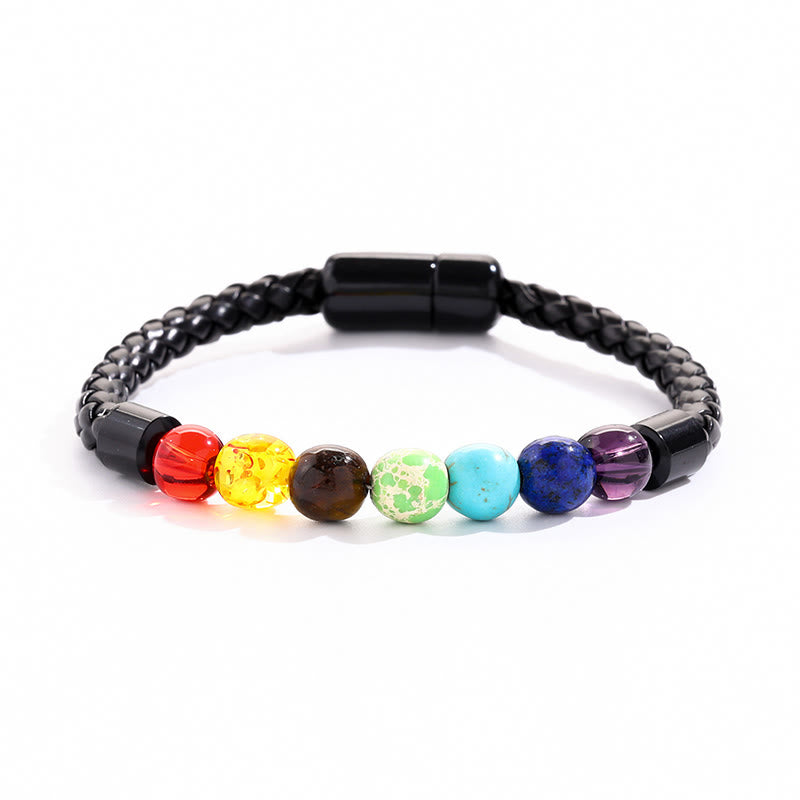 Olivenorma Natural Stone Bead Braided Leather Magnetic Closure Bracelet - Chakra Stone - image 1