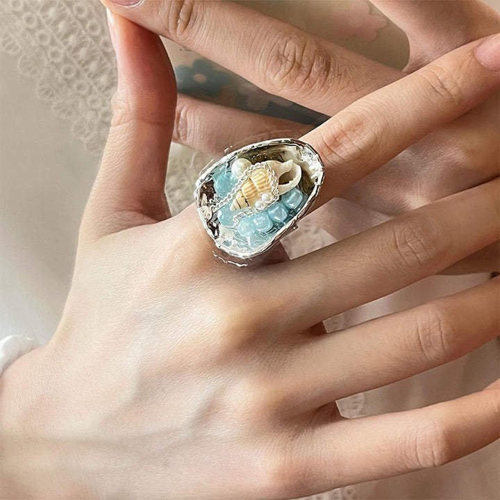 FREE Today: Galactic Ocean Seashell Synthetic Aquamarine Shell Handmade Ring - Smooth Band & Seashell - image 3