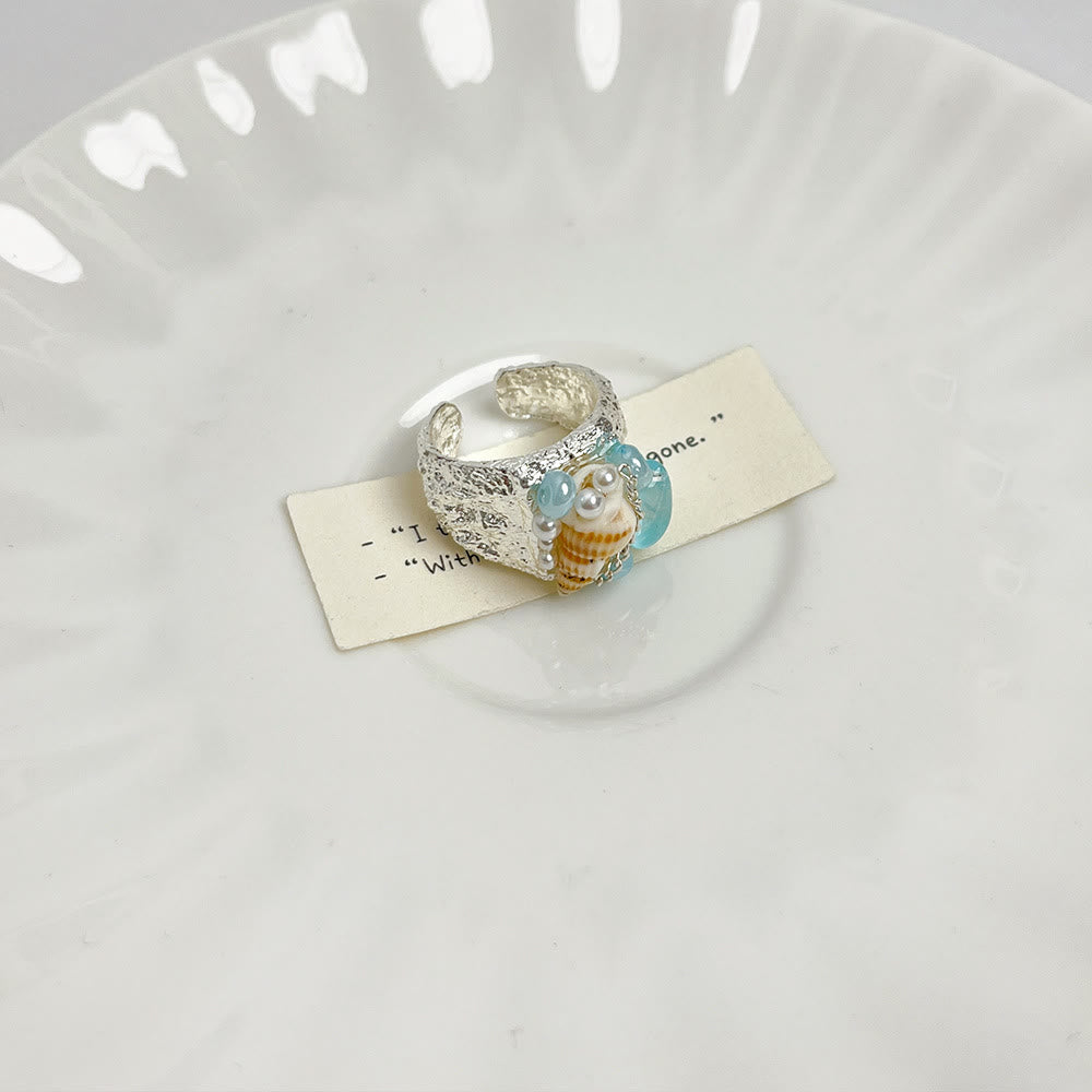 FREE Today: Galactic Ocean Seashell Synthetic Aquamarine Shell Handmade Ring - Hammered Band & Seashell - image 2