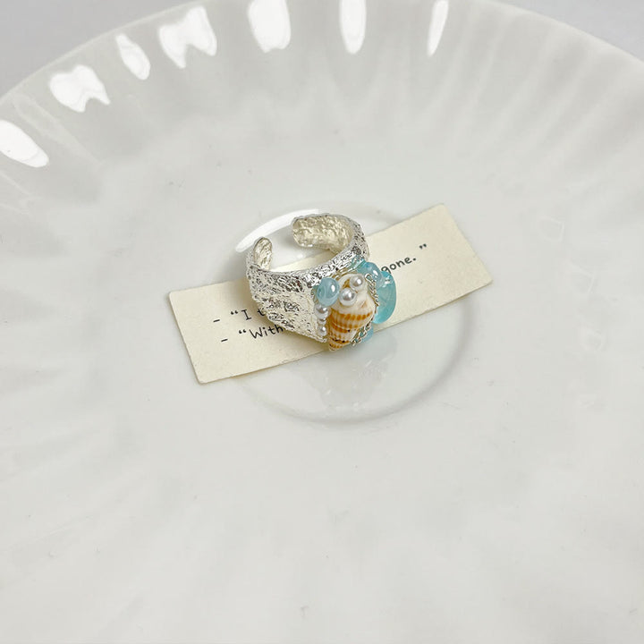 FREE Today: Galactic Ocean Seashell Synthetic Aquamarine Shell Handmade Ring - Hammered Band & Seashell - image 2