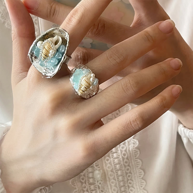 Olivenorma Beachy Conch and Beaded Crystal Adjustable Statement Ring - image 4