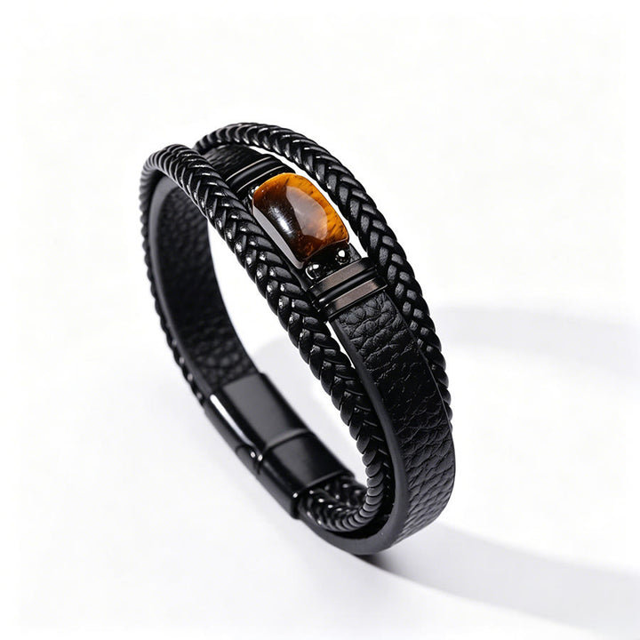 Olivenorma Handcrafted Braided Leather Natural Stone Magnetic Bracelet - Tiger Eye Single - 9in - image 6